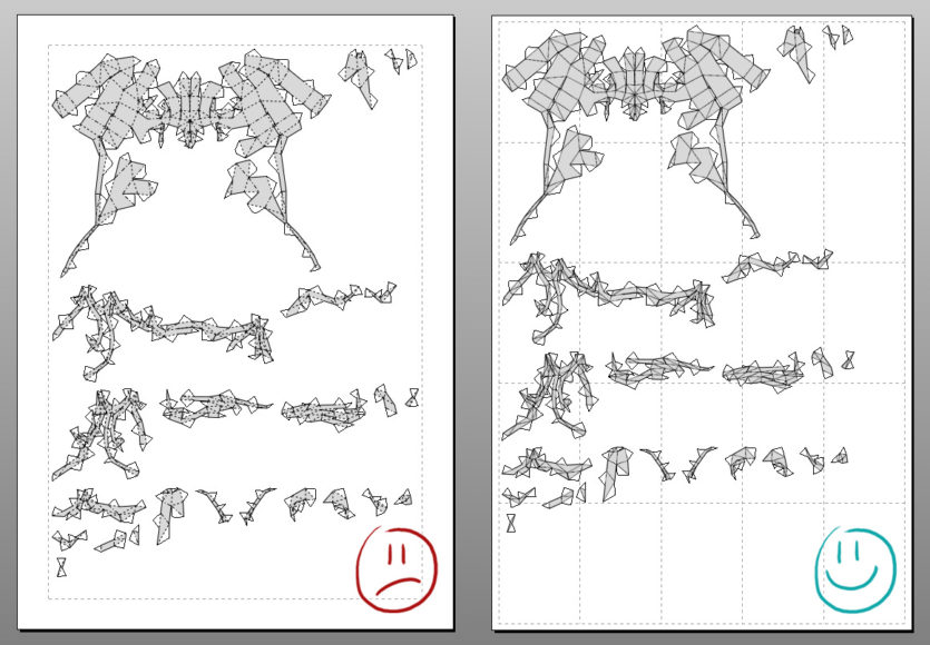 À gauche le modèle rétréci sur une seule feuille A4 / À droite le modèle a la bonne taille (réparti sur une vingtaine de feuilles)