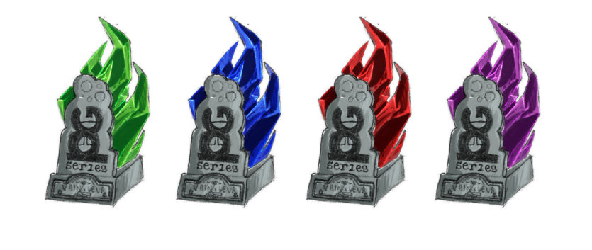 Colored sketches of the Power Gaming Series trophies